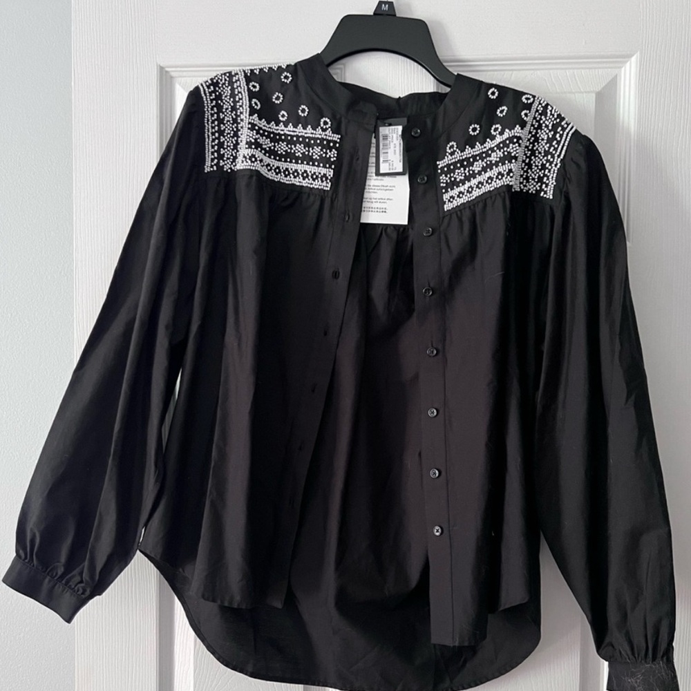 Maje Black Blouse with White Embroidery Size 3 Aprox Large Final Price